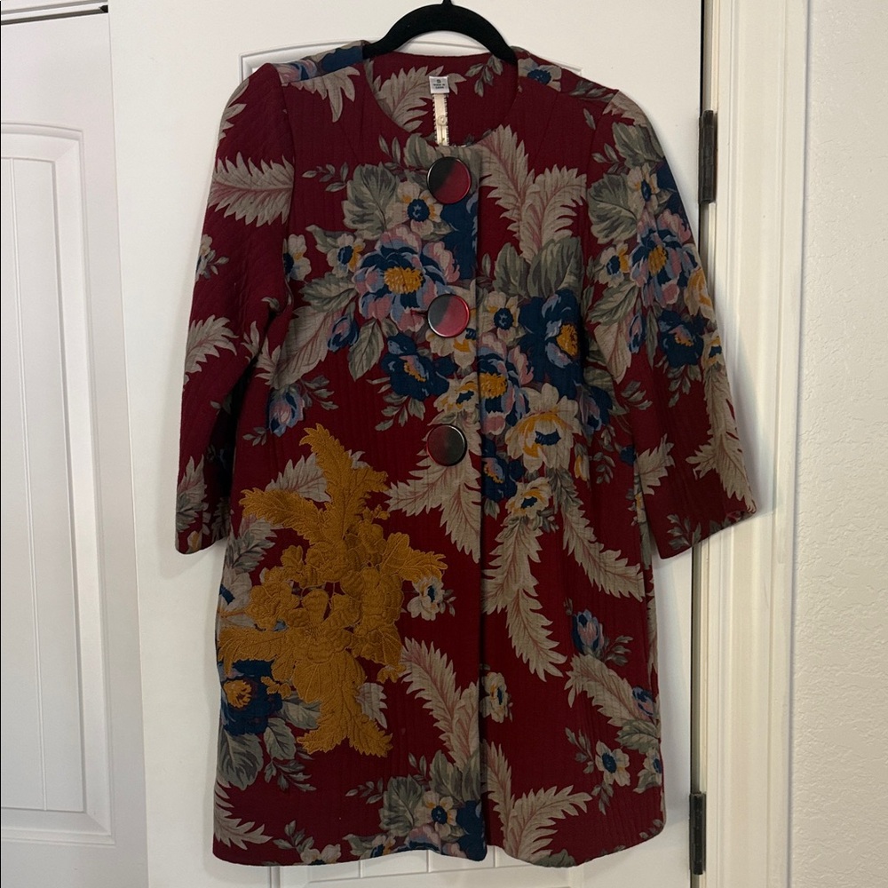 Uncle Frank Red Floral Button Front Jacket with Blue & Mustard Accents